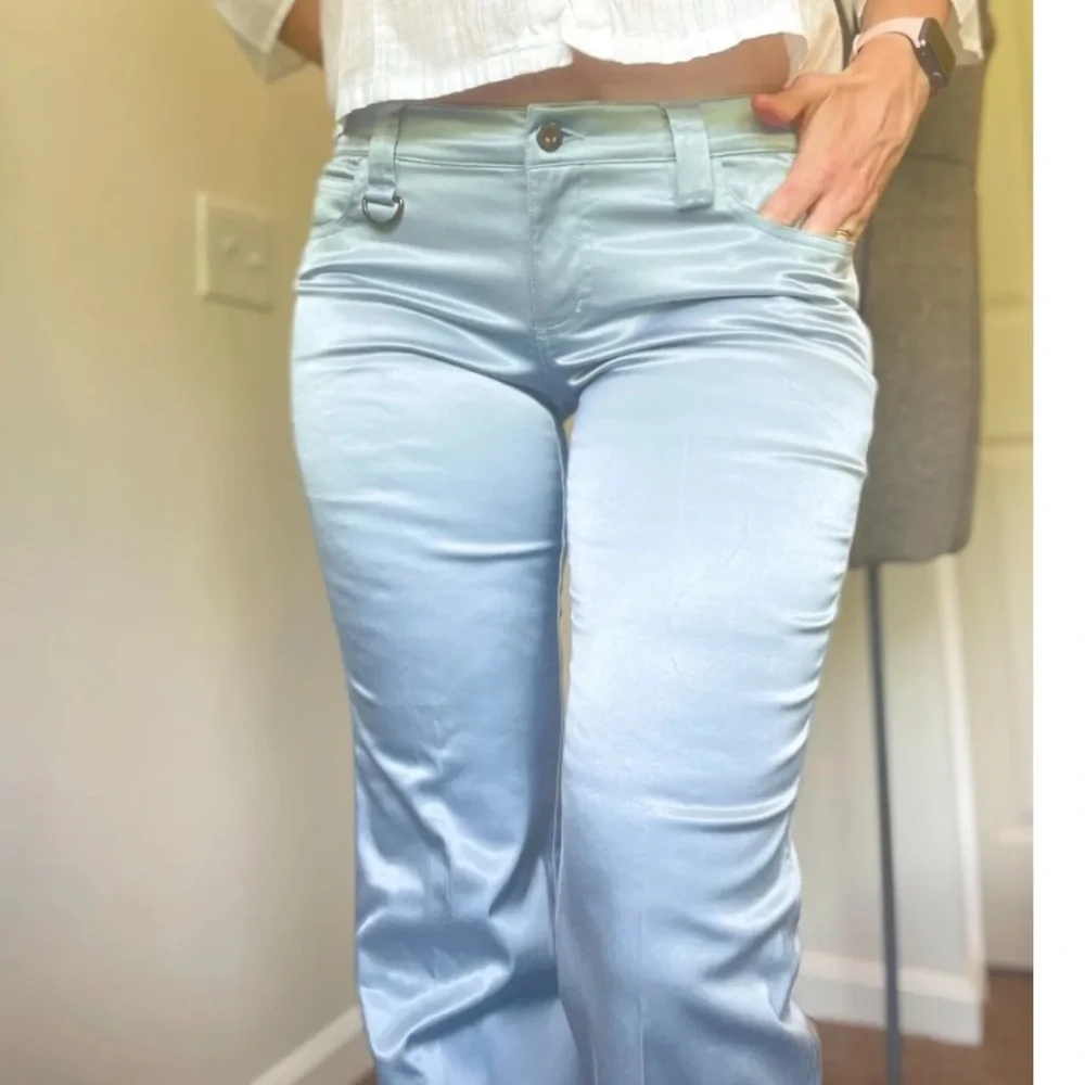 2000s era Y2K satin pants baby blue Guess flare low rise pants - Picture 3 of 8